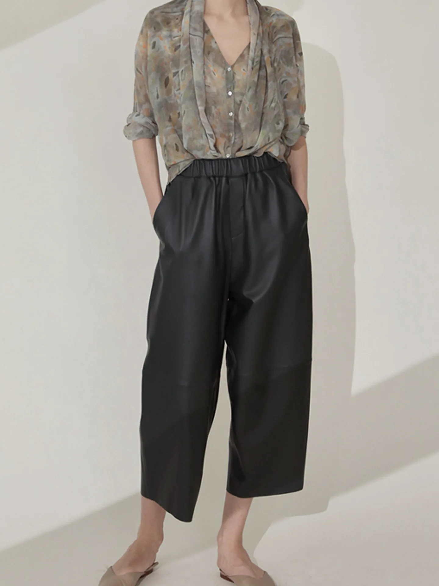 2023 Women New Genuine Sheepskin Leather Pants Elastic Waist Real LeatherWide Leg Harem Pants E47