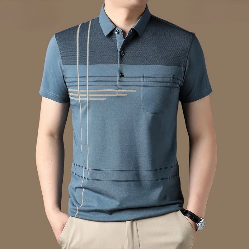 

Polo Shirts for Men Summer Short Sleeve Tees Cotton Striped Button Pockets Fashion Comfort Turn-down Collar Casual Tops