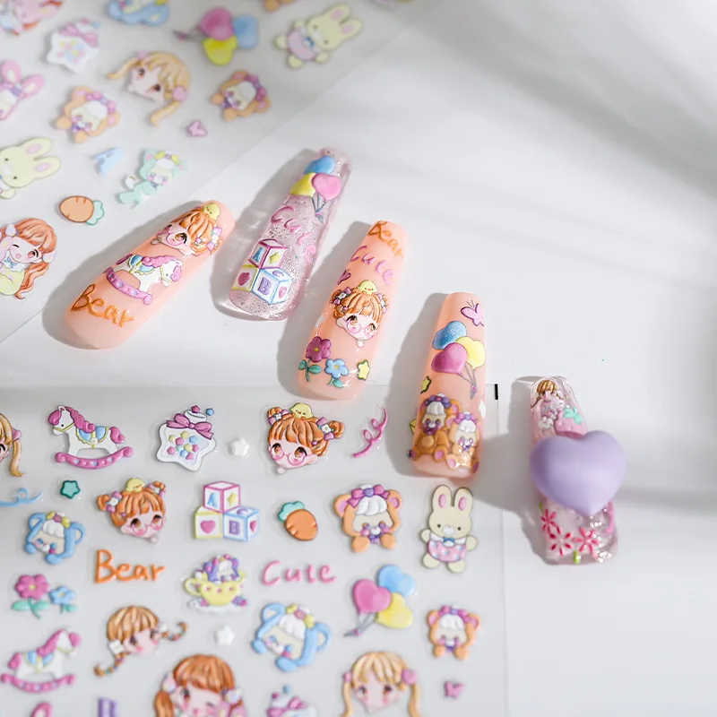1 Sheet 5D Realistic Relief Funny Cute Bear Rabbit Party Girls Adhesive Nail Art Stickers Decals Manicure Accessories Charms 2