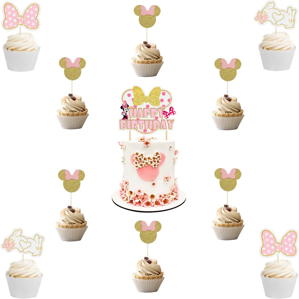 Minnie Mouse Pink Cake Toppers E Cup Plate Tovaglioli Banner Decorazioni Per Feste Di Compleanno 1 Anno Ragazza Compleanno Cake Toppers