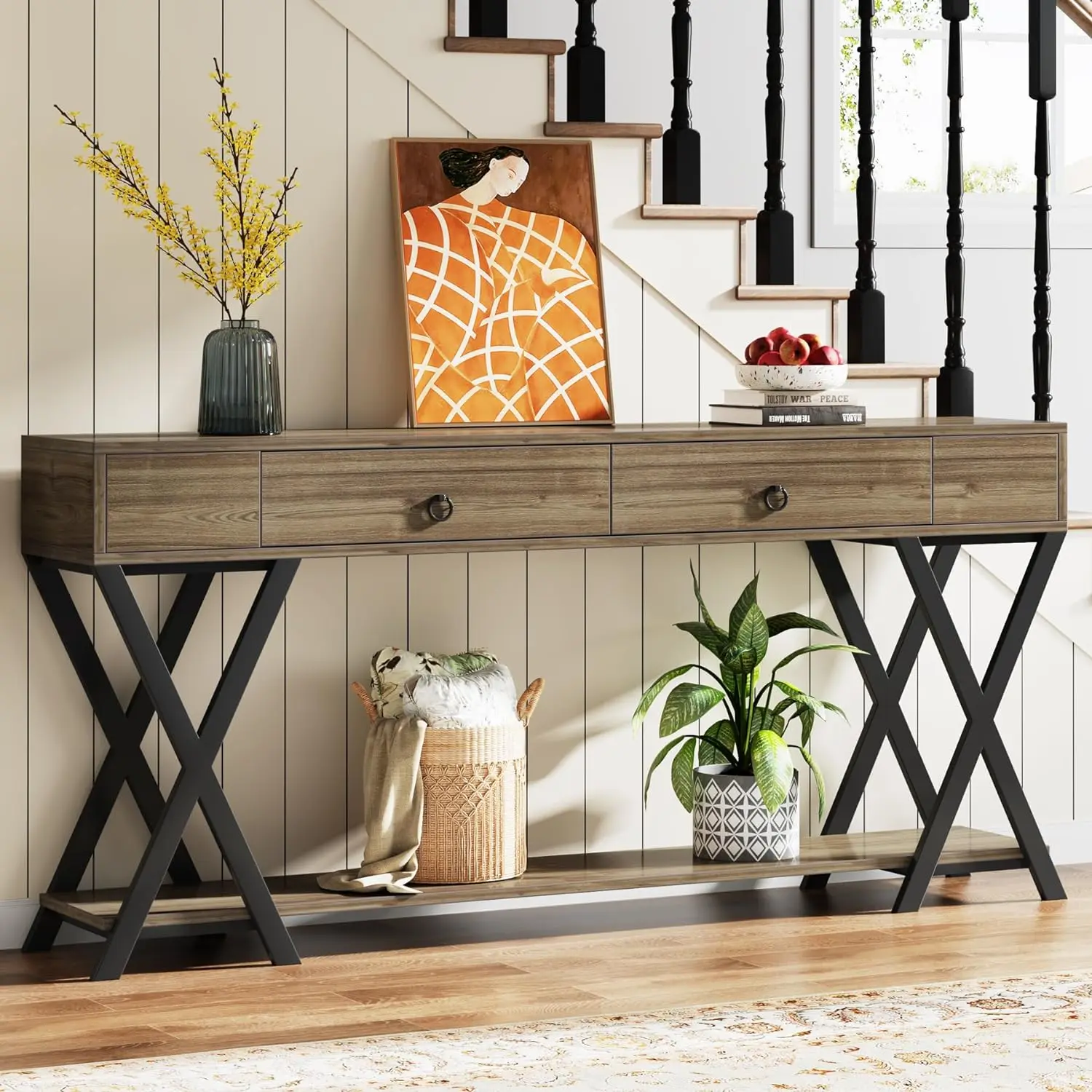 

71 inch Console Table with Storage, Large Sofa Farmhouse Entryway Table with Shelves and Drawers for Living Room