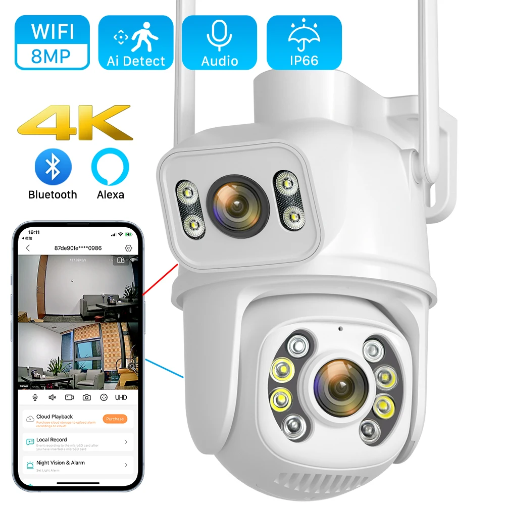 8MP 4K PTZ Wifi Camera Dual Lens with Dual Screen Ai Human Detect Auto Tracking Wireless Outdoor Surveillance Camera iCSee App