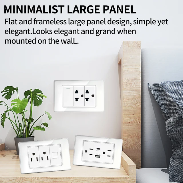 T&I Tempered Glass DIY Modular Wall Plate 2x4 inch, NEMA 5-15R Duplex Outlet, Combination with US/EU/Italy/Chile Socket Modules 2