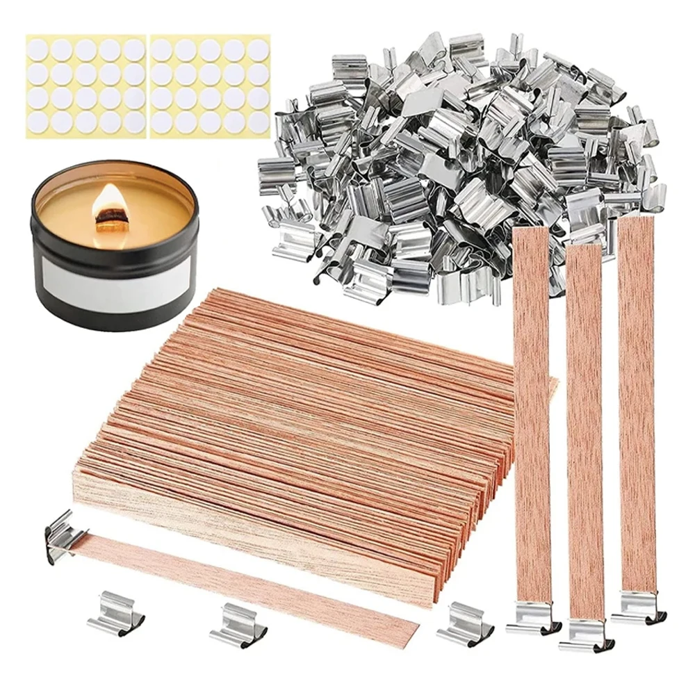 Candle Making Kit 50pcs High Quality Wooden Candle Wick With Clip Base Craft Wicker Paraffin Wax Burning Smokeless Wick Stickers
