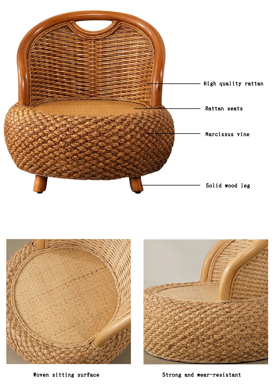 Description Picture 5 of itemModern Furniture Japanese Vine Woven Tatami Back Chair Living Room Sofa Chair Handmade Round Stool Balcony Leisure Tea Chair