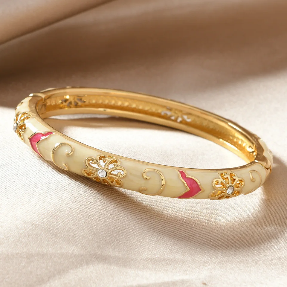 Chinese Style Luxury Stainless Steel Colorful Enamel Flower Bracelet Bangles for Women Charm Zircon Blue and White Porcelain