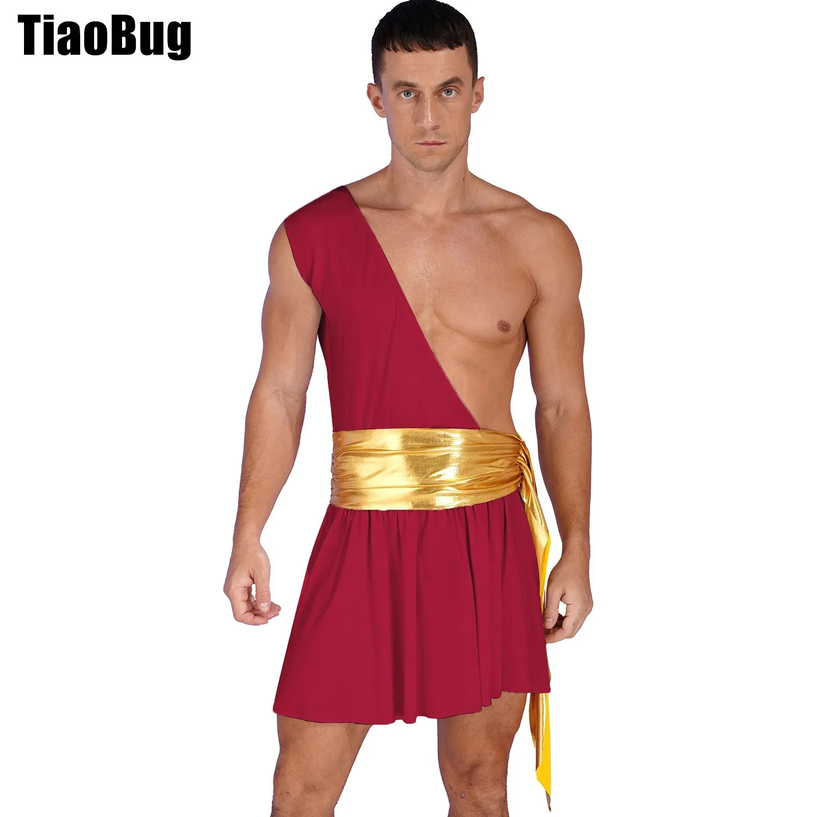 

Mens Ancient Greek Cosplay Dress One Shoulder Metallic Ruched Belted Ruffle Dresses Outfit Halloween Stage Performance Costume