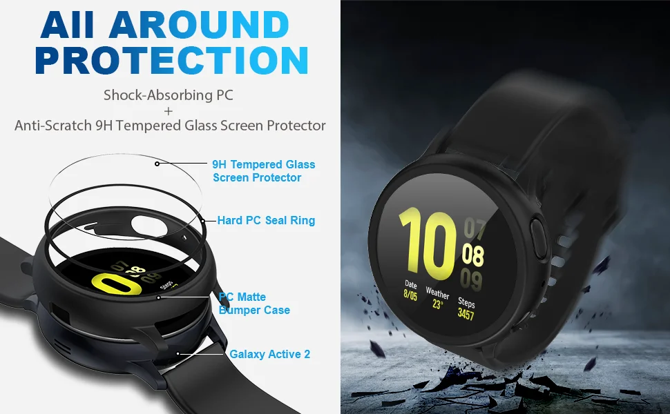 PC Hard Case for Samsung Galaxy Active 2 44mm 40mm Bumper Full Around Glass+ Screen Protector Cover for Galaxy Watch Active 2