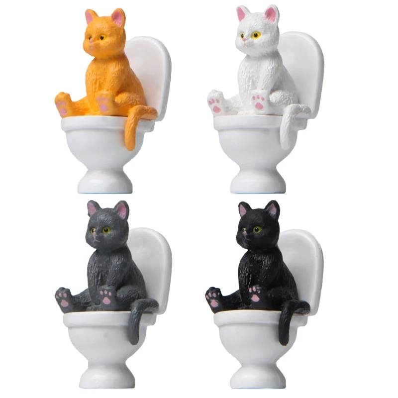 

Mini Cat Statue Ornaments Resin Cat Sitting On Toilet Figurines Miniature Decor