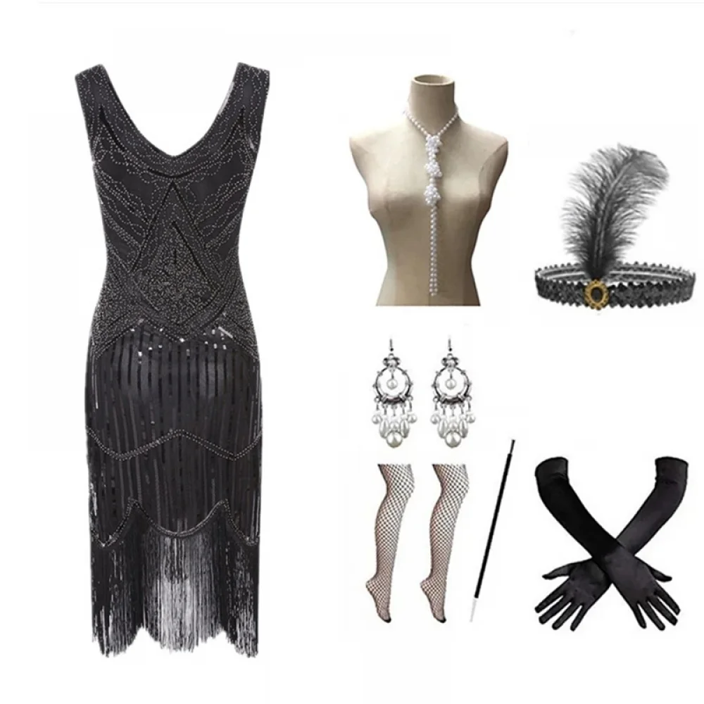 thumbnail image 1 of Disfraz de mujer estilo flapper de los años 20 con accesorios de los años 20, escote en V, sin mangas, lentejuelas, cuentas y borlas, 1 of 5