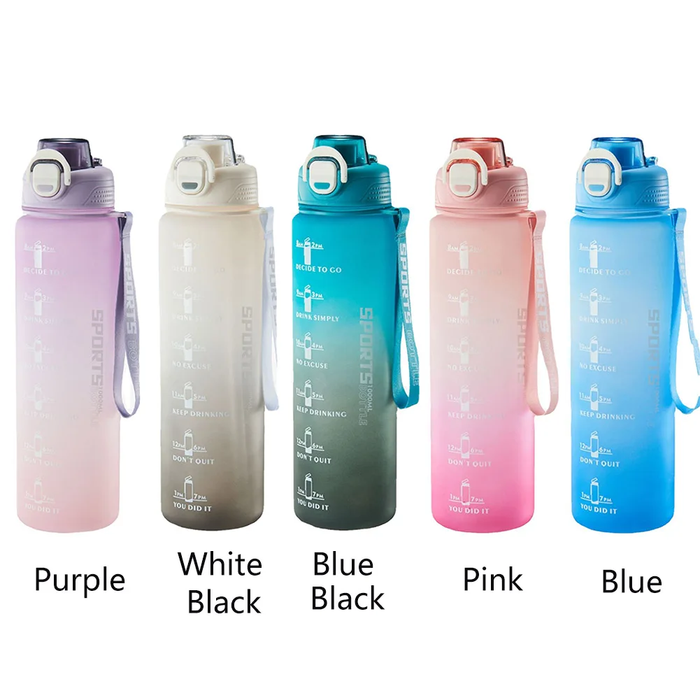 Botella de agua deportiva de 1 litro, botella de agua deportiva portátil  esmerilada, cubierta de rebote con cuerda adhesiva, para mujeres, hombres