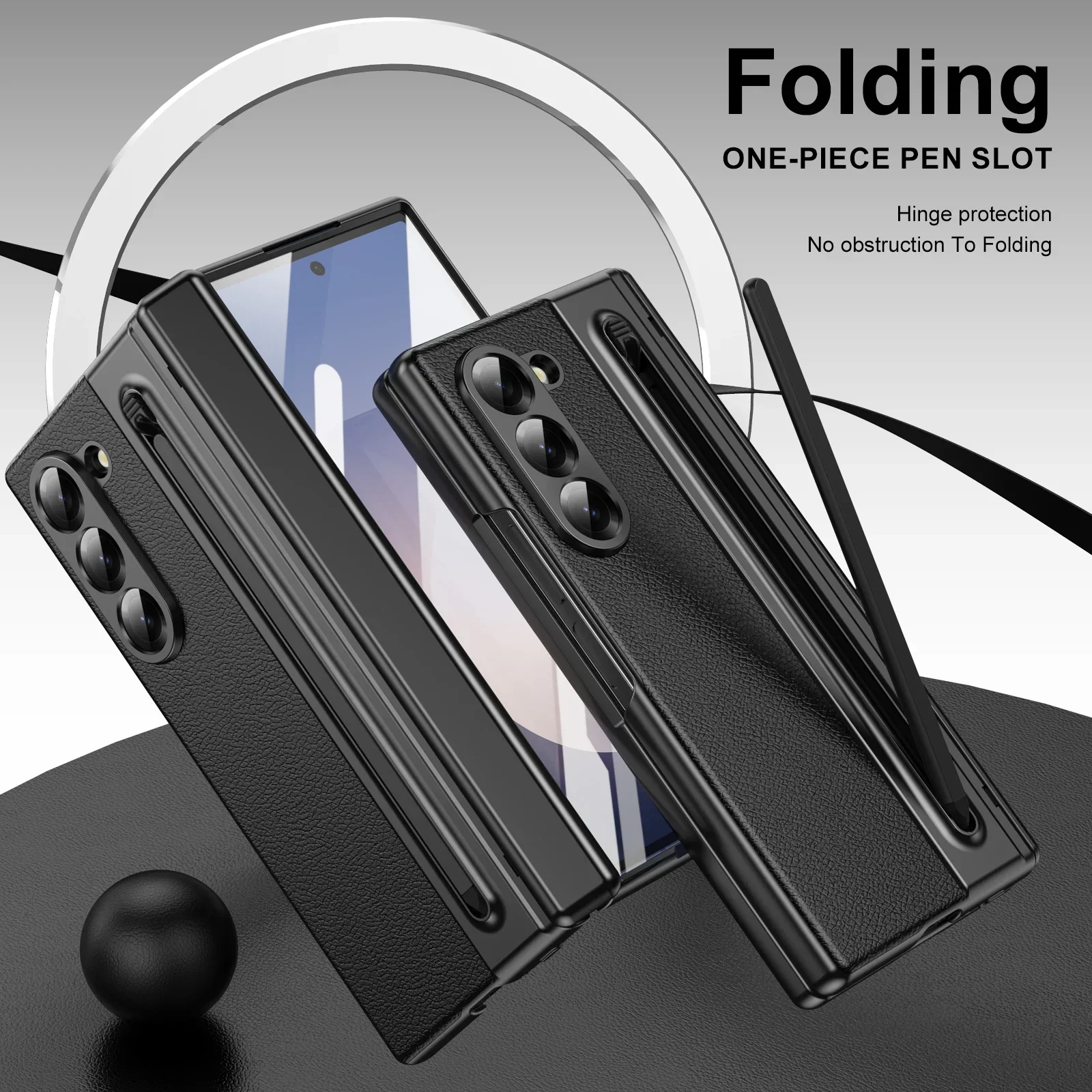 Luxury Leather and Steel Film Pen Phone Case with Screen Hinge Protection