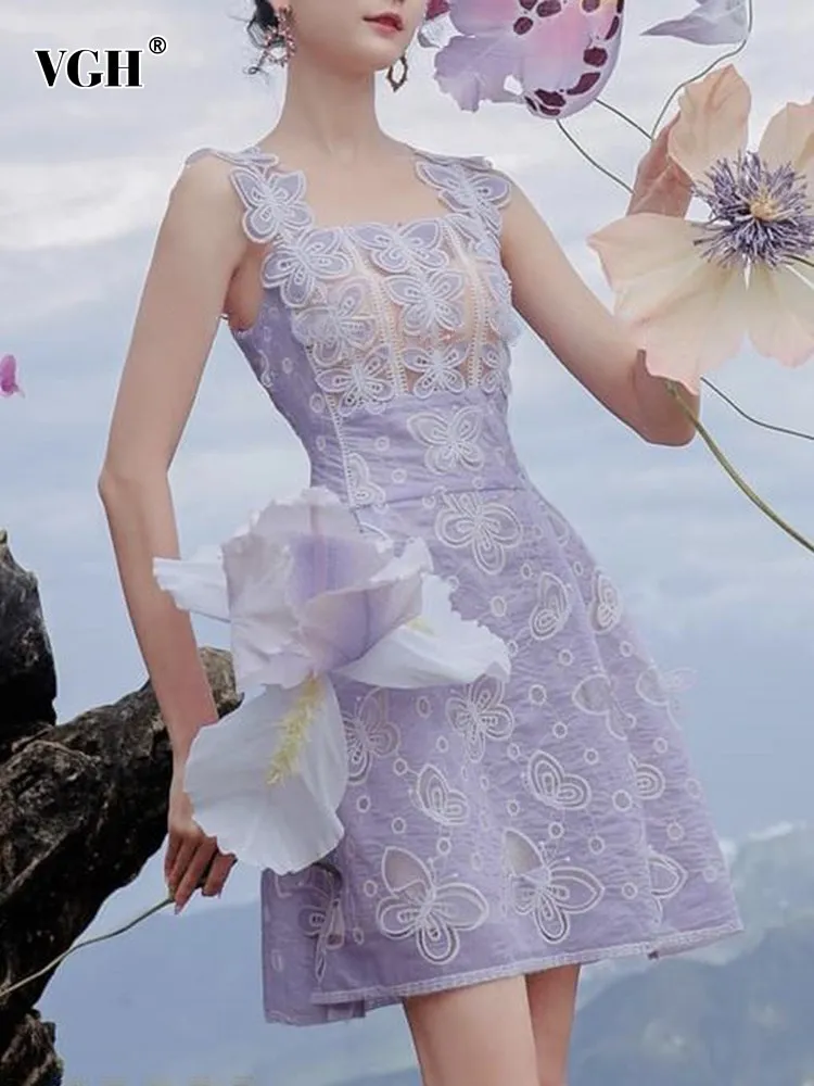 

VGH solid patchwork bowknot elegant dress for women square collar sleeveless high waist temperament dresses female fashion new
