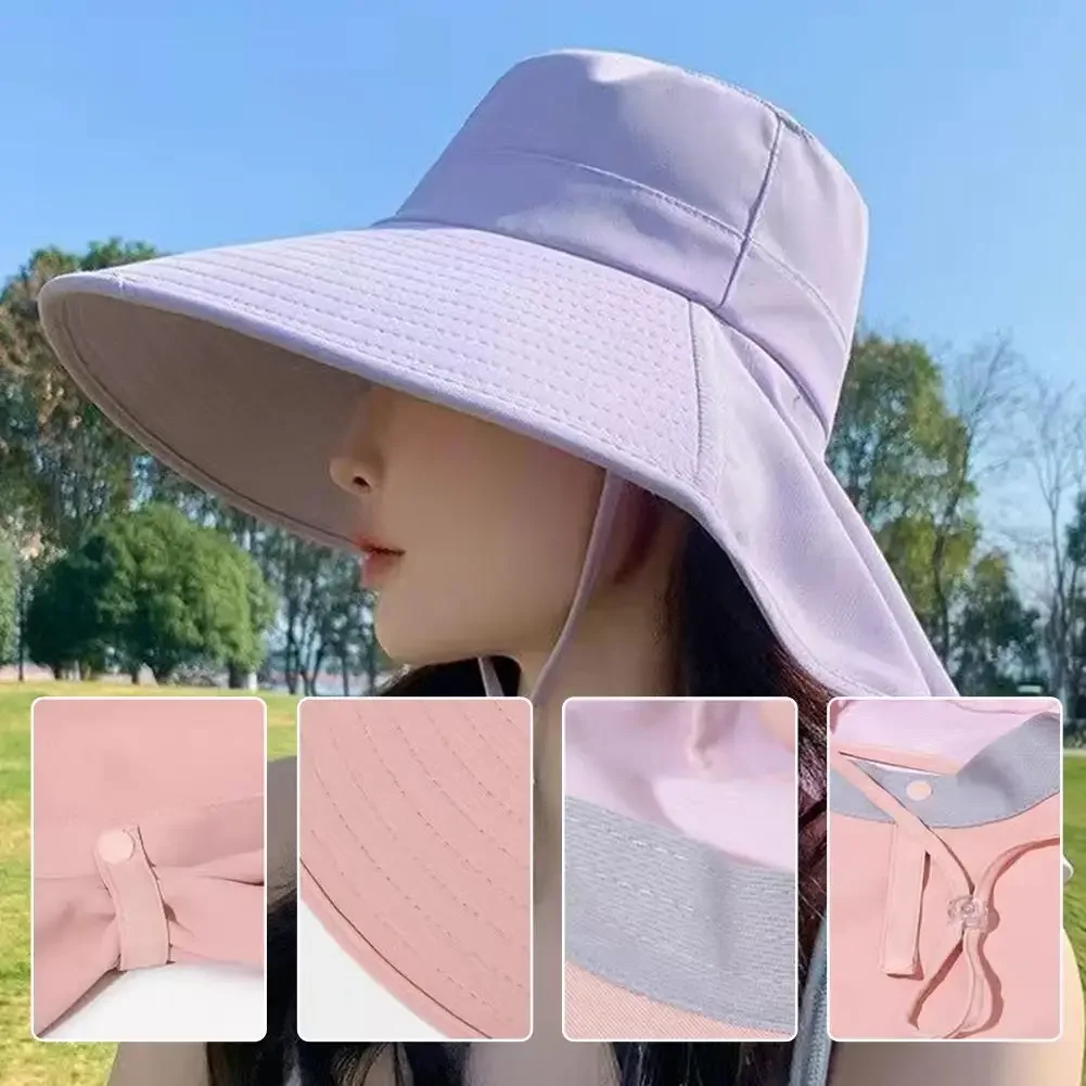 Summer Large Brim Sun Hats For Women Outdoor UV Anti Neck Protection Sun Visors Lady Fishing Hiking Shawl Sunscreen Cap