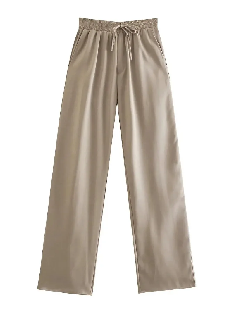 Women Loose Wide Leg Pants Chic Fashion Side Pockets Vintage High Elastic Waist Drawstring Female Trousers Mujer 2023
