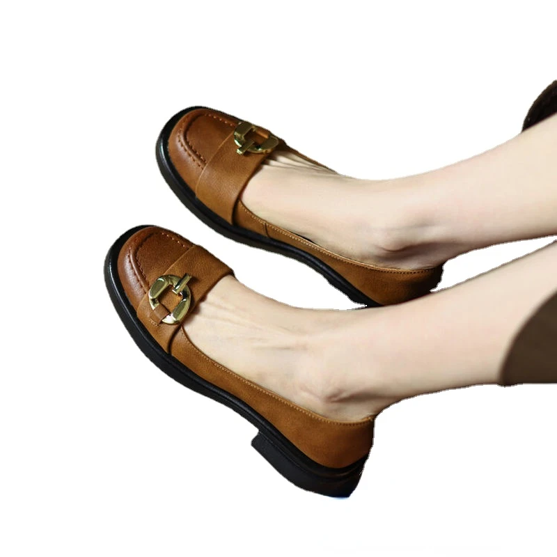 Spring Summer Retro Classic Working Casual Women Pumps Low Heels High Quality Genuine Leather New Chain Shoes Woman 2022 NEW