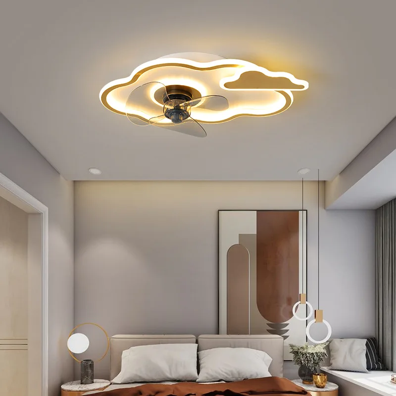 Modern Minimalist Children's Bedroom Fan Lights LED Three-tone Lighting Indoor Ceiling Lamp Iron Paint Golden Clouds Kid Fixture