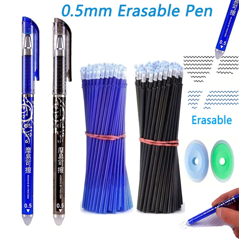 MROOFUL Radierbare Gelschreiberminen 0,5 Mm - 50 Stück Blaue Tinte Mit Radiergummis