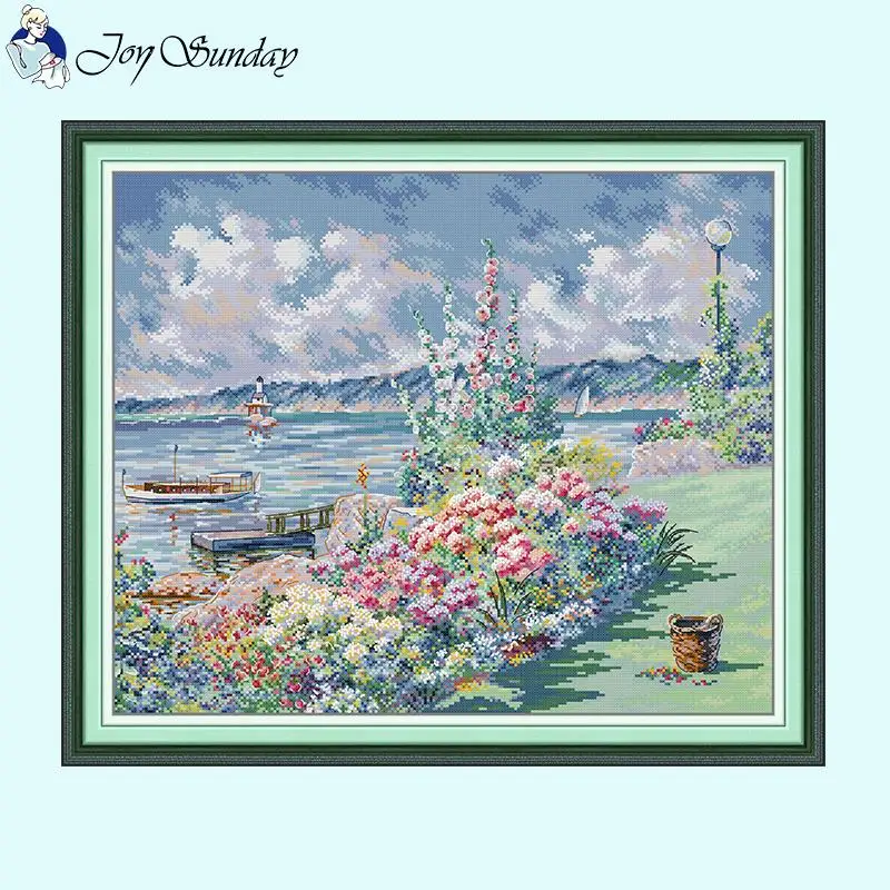 Pintura al óleo de la costa de flores, patrón escénico, juego de punto de cruz, 14CT, 16CT, 11CT, lienzo contado impreso, Kits de bordado, decoración del hogar DIY