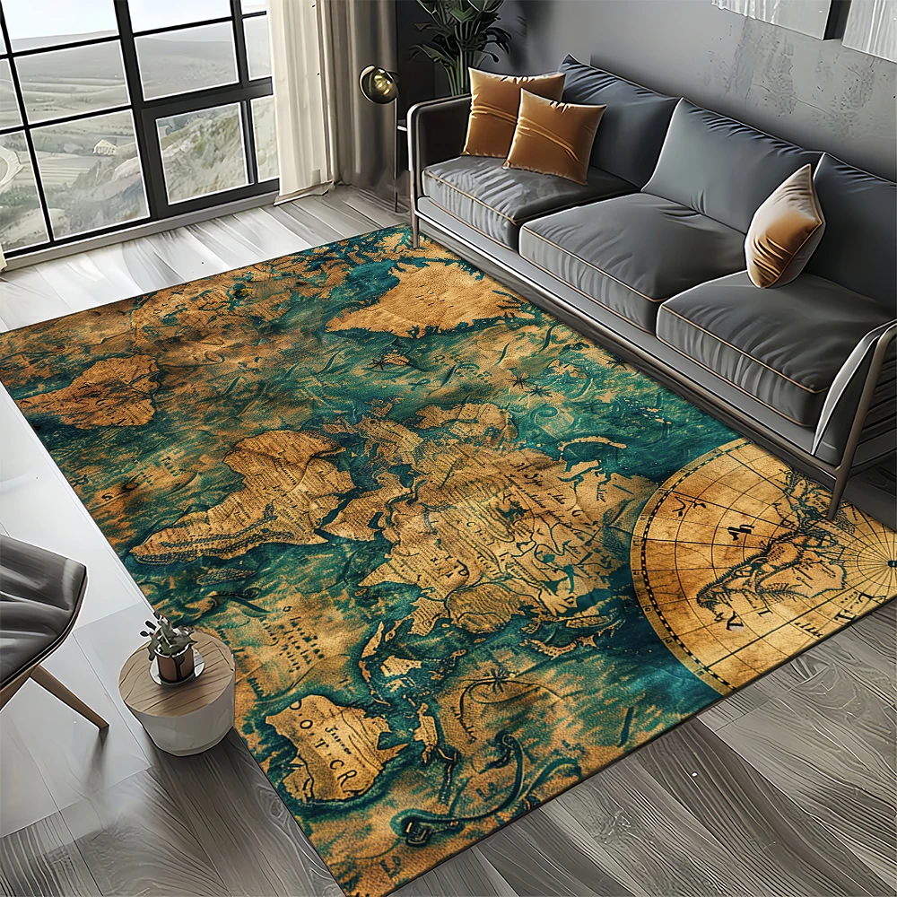 Nautical Map Rug – Retro Marine Compass Carpet | Non Slip Floor Mat for Living Room