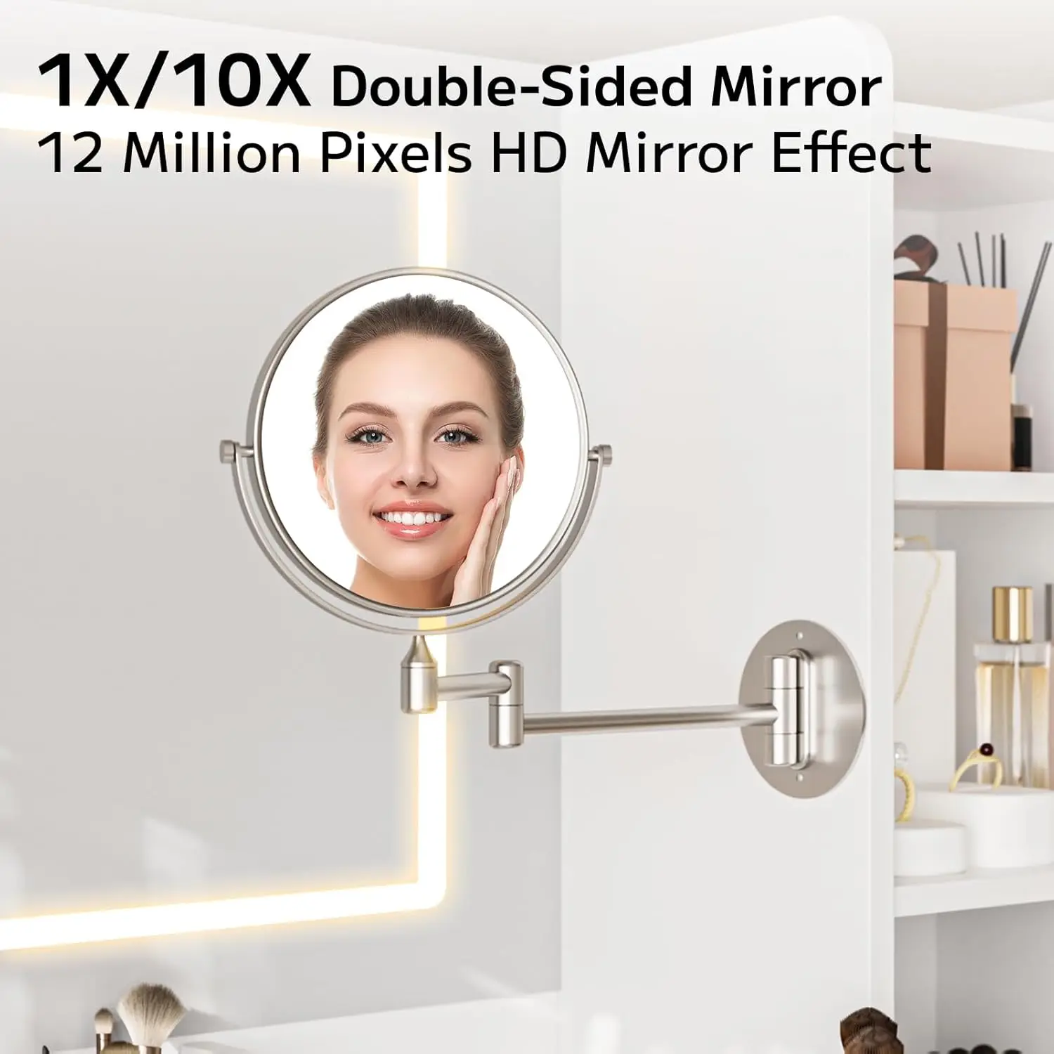 Desk with Mirror Lights, 41 Inch Makeup Vanity Table 10x Magnifying Mirror Charging Station Drawers Shelves Cabinet Adjustable