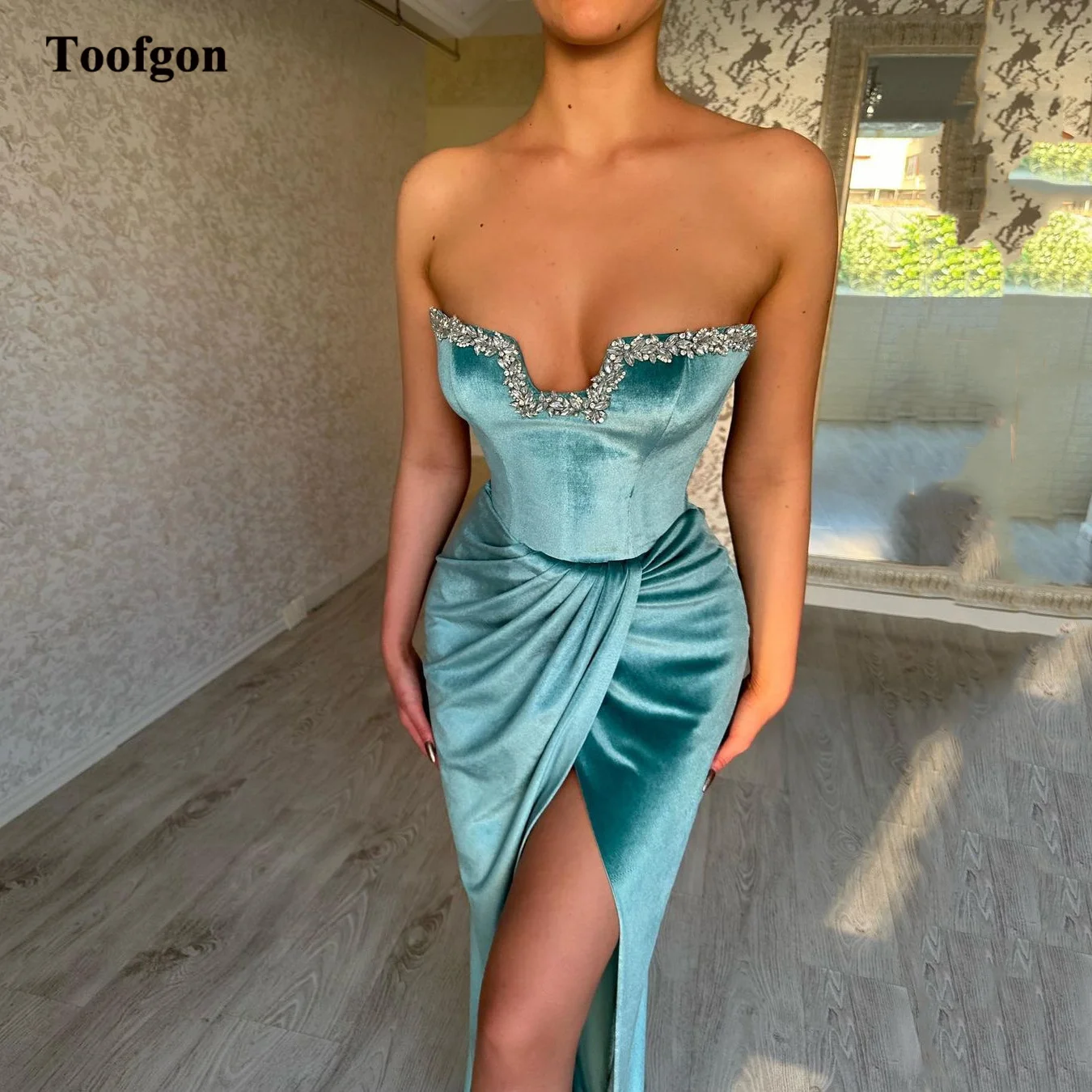 Toofgon Sexy Mermaid Evening Dresses Velvet Crystal Split Front Women Formal Prom Gowns Fishtail Wedding Party Bridesmaid Dress