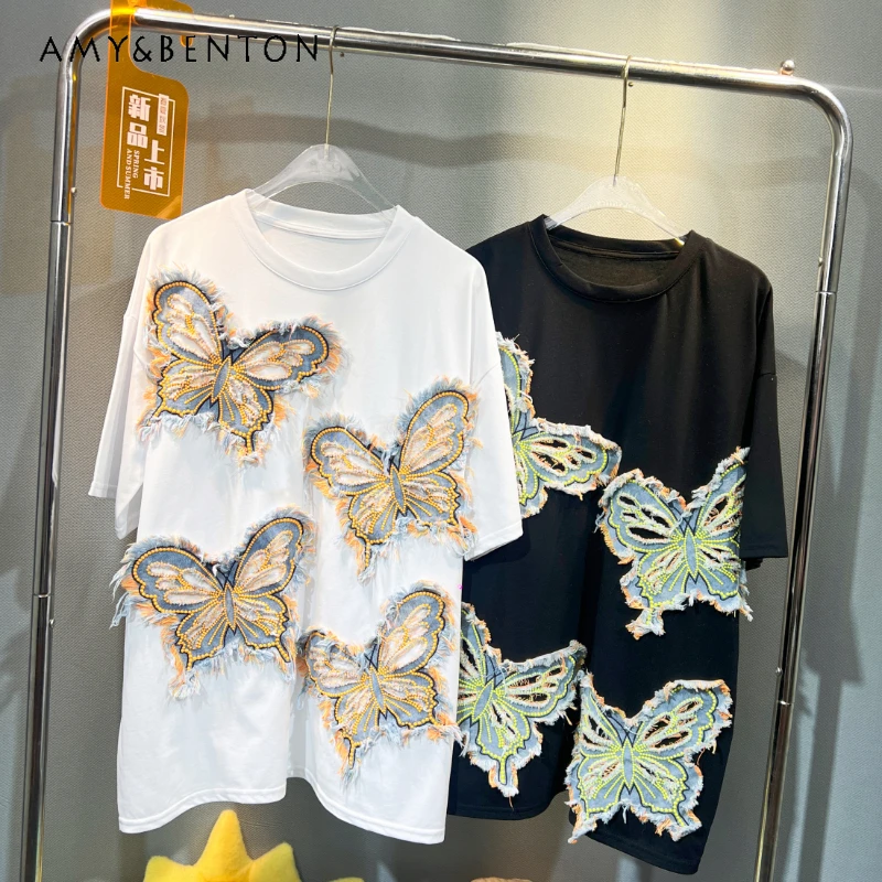 

2024 New Fashion Design Denim Butterfly Embroidered T-shirt Loose Mid-Length Short Sleeve All-Matching Top Y2k Tees Summer Women