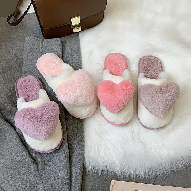 

Женские домашние тапочки, зимние теплые Нескользящие шлепанцы в виде сердечек, модные Мягкие Шлепанцы из искусственного меха для пола, женские шлепанцы 2022