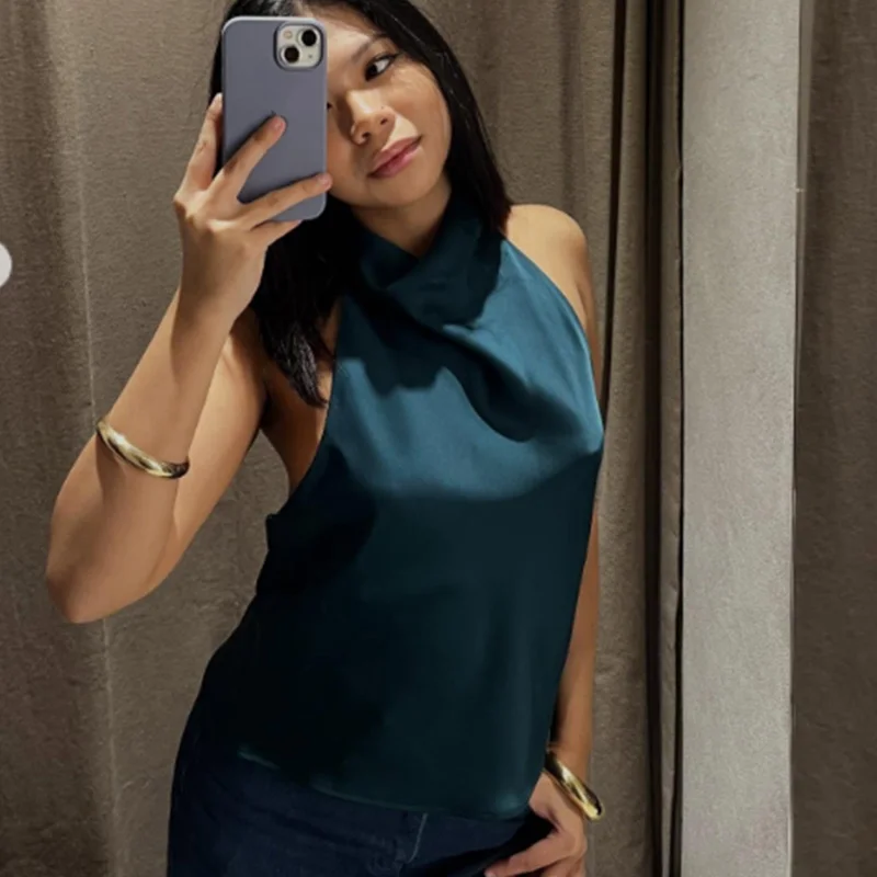 HXAO Braun Neckholder Top Frauen Sommer Crop Tops Für Frau Ärmelloses Satin Schwarz Top Leibchen Backless Weiß Top Party Sexy Tops – Detail 30