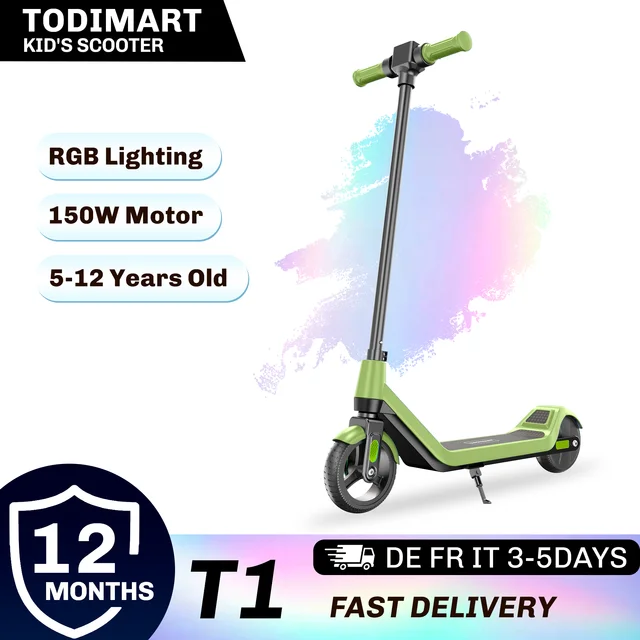 Trottinette électrique T1 pour enfants de 6 à 12 ans, moteur 150W, lumières colorées, hauteur et vitesse réglables, écran LED 1