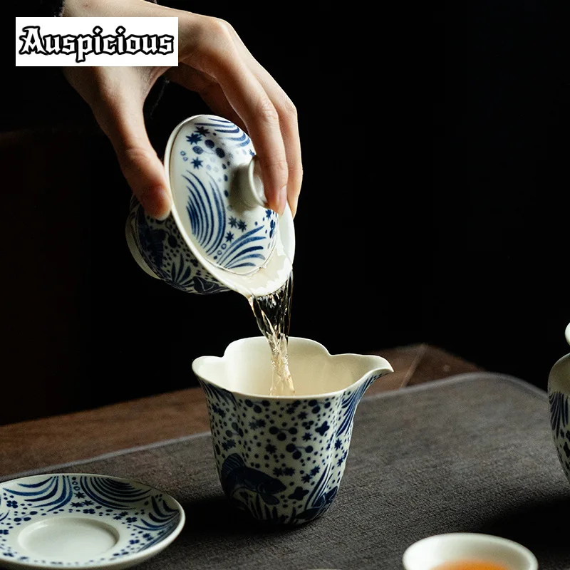 120ml Soda Glaze Tea Tureen Half Color Fish Algae Pattern Gaiwan Sancai Tea Cup Household Maker Cover Bowl Teaware Ornaments