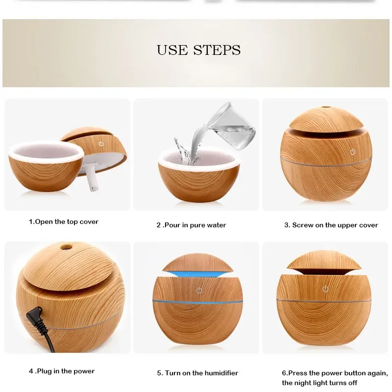 130ML Air Humidifier Ultrasonic USB Aroma Diffuser Wood Grain LED Night Light Electric Essential Oil Diffuser Aromatherapy Home 4