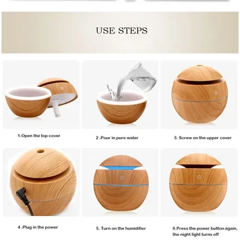 130ML Air Humidifier Ultrasonic USB Aroma Diffuser Wood Grain LED Night Light Electric Essential Oil Diffuser Aromatherapy Home 4