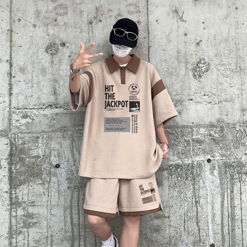 American high street ins trendy brand short-sleeved shorts, handsome youth wear, waffle, loose and versatile for men y2k tops