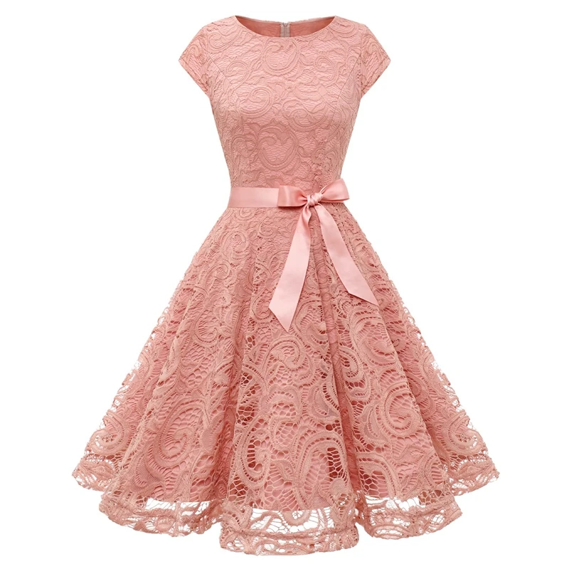 

Round Neck Blush Pink Lace Bridesmaid Dresses A Line Short Wedding Guest Gown with Zipper vestido coctel