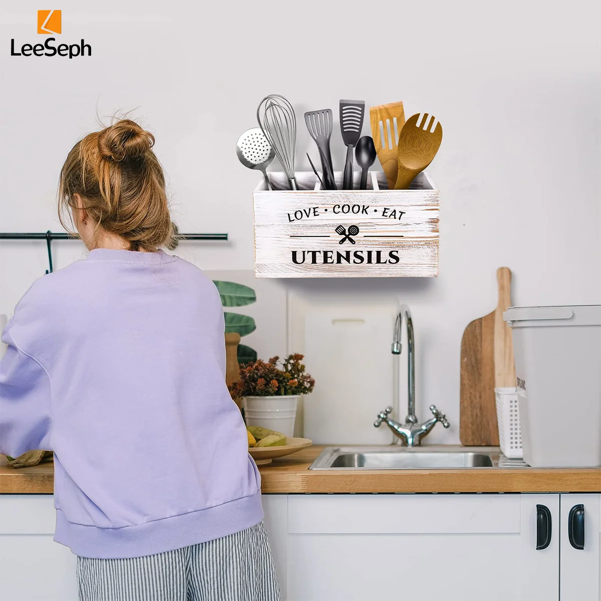 Portautensili Da Cucina In Legno Massello Bianco - Organizer 3 Scomparti Con Manico E Fori Di Drenaggio