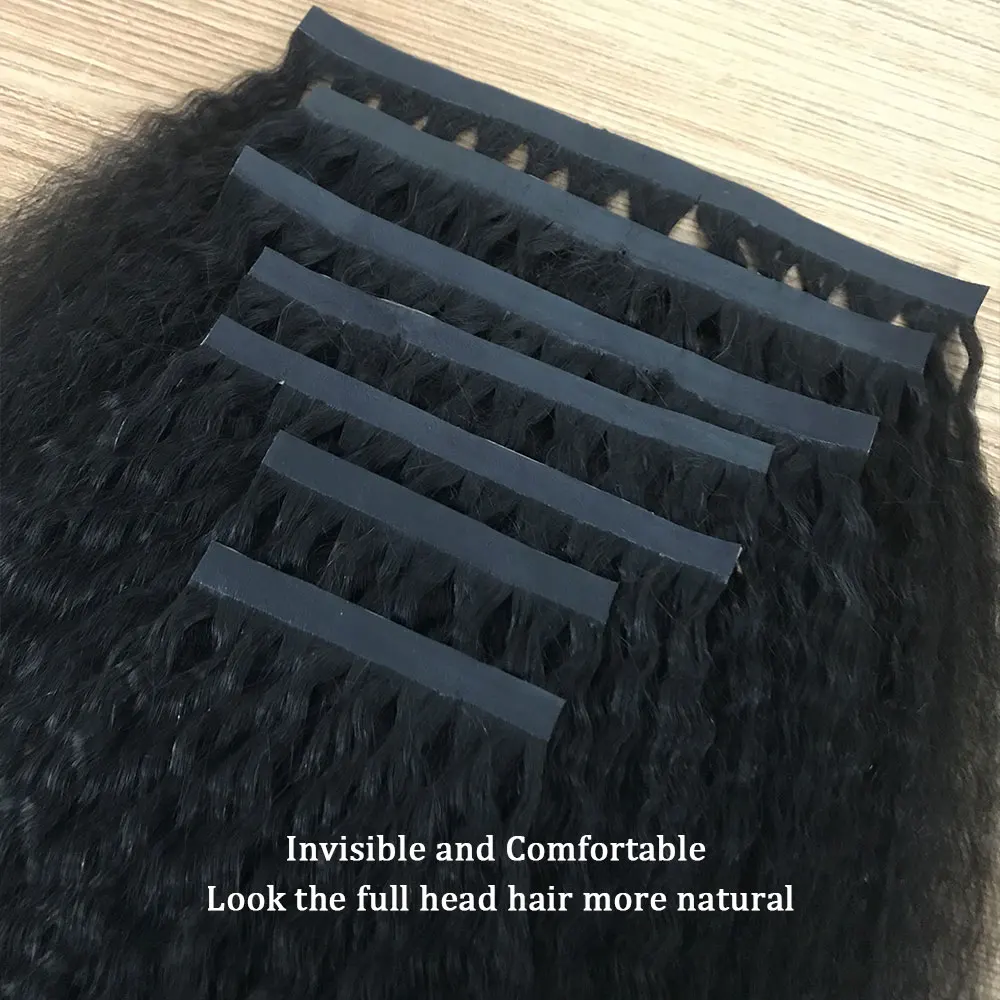 Invisible Tape Weft In Hair Extension For Black Women Kinky Straight Virgin Peuvian Natural Color Full Head 7pcs 100g