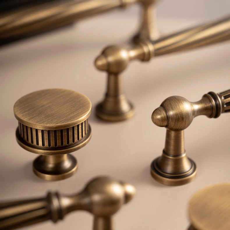 solid brass ribbed drawer handle antique finish