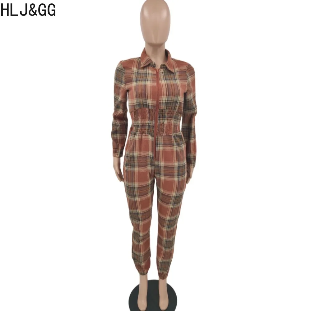 HLJ&GG Spring Casual Plaid Printing Zipper Loose Jumpsuits Women V Neck Long Sleeve Pocket Jogger Pants Playsuits Female Overall