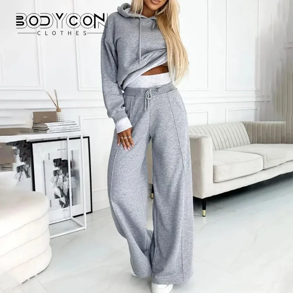 

Splicing Hooded Sweater Sets for Women 2023 Autumn Block Color Casual Long Sleeve Hoodies Wide Leg Pants Female Two Pieces Suits