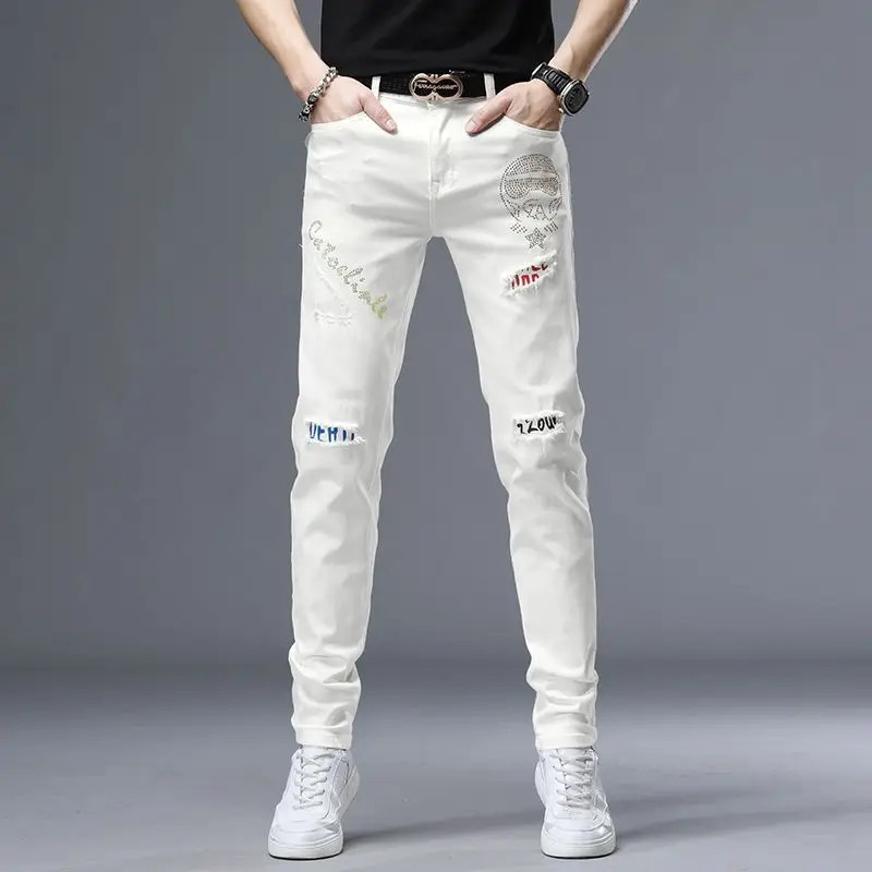 Spring Summer White Hot Drill Ripped Cowboy Korean Style Streetwear Men Washed Luxury Holes Slim Hip-hop Stylish Jeans Trousers