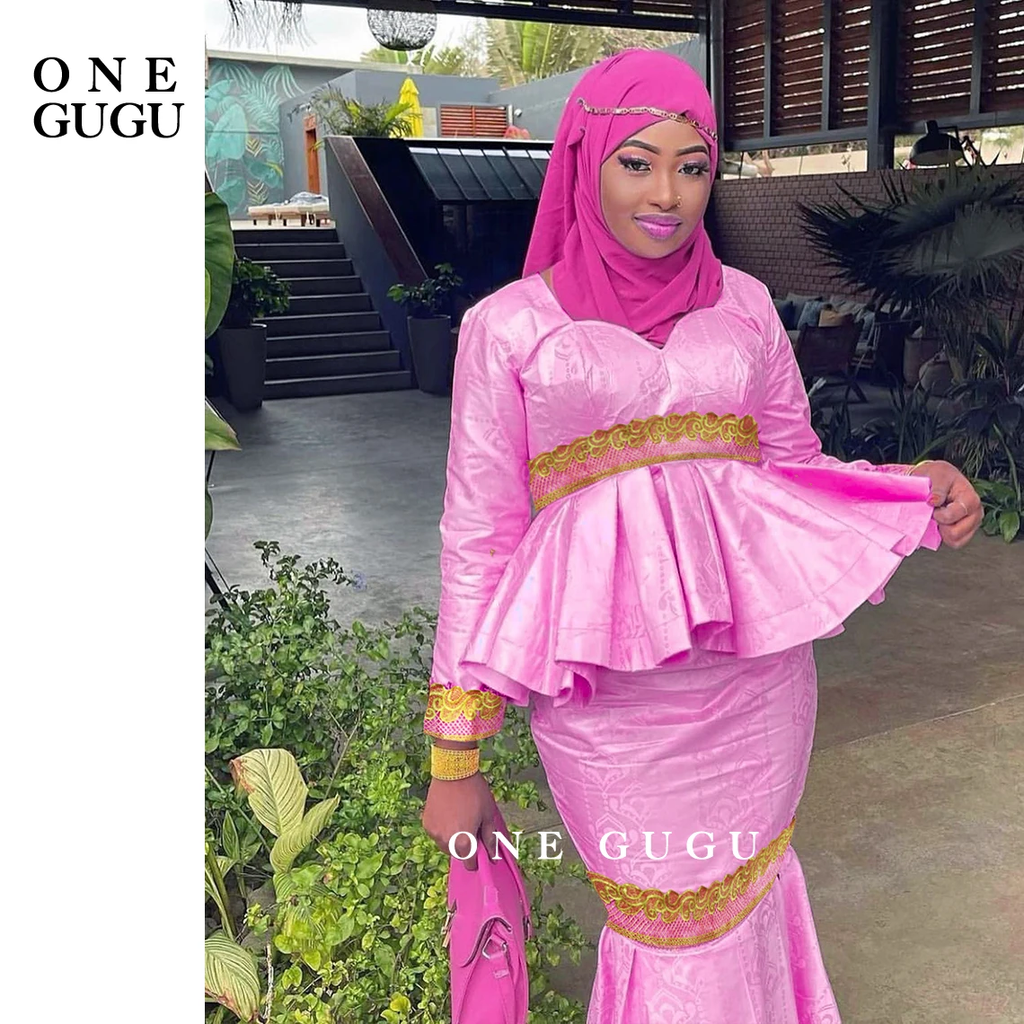 

2022 Latest African Bazin Riche Dress Nigerian Noble Lady Skirt And Long Sleeve Top Set Pink Clothing For Wedding Party Dresses