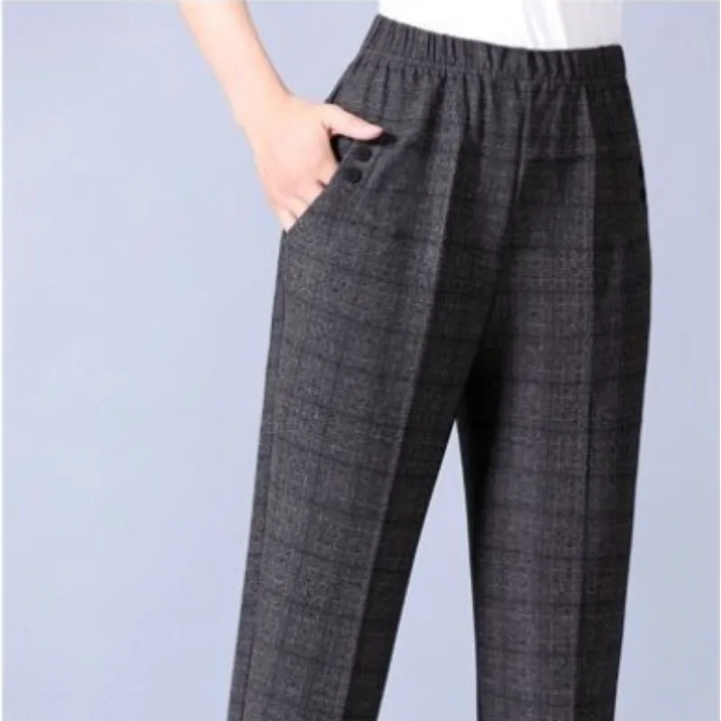 Women's Autumn and Winter New Fashion Elegant Stripe Plaid Elastic Waist Casual Long Loose Straight Tube Plush Thickened Pants