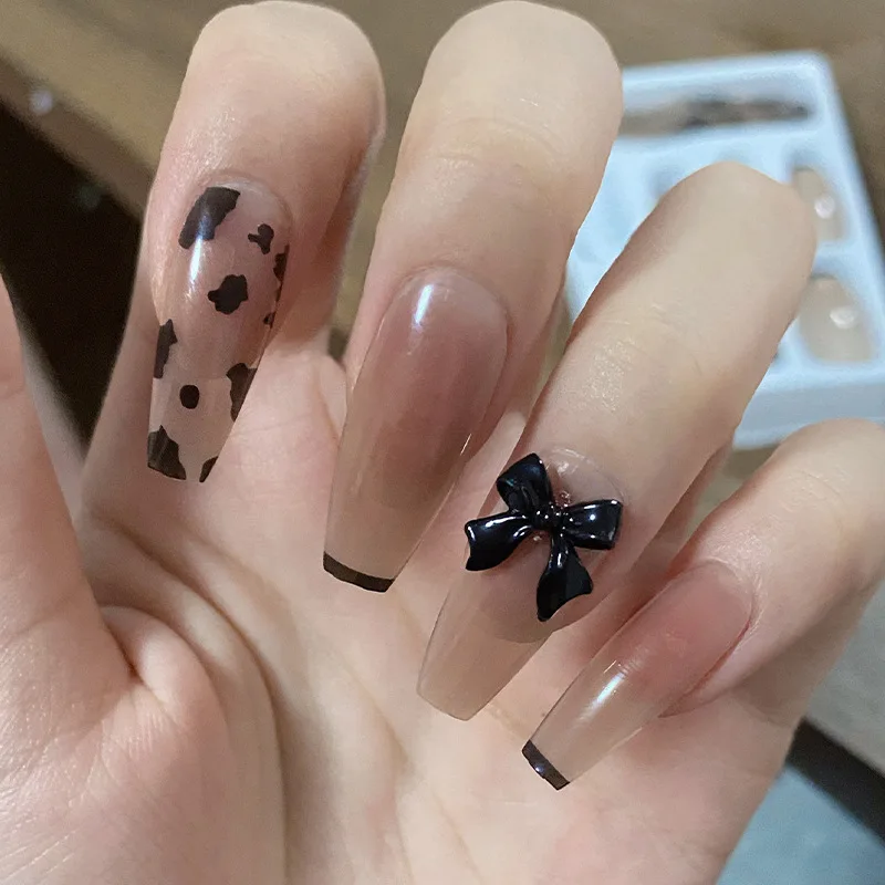 

24 шт. черные накладки для ногтей милый стиль Клей Тип съемный длинный абзац 24 шт. Черные Накладные накладные накладки для ногтей