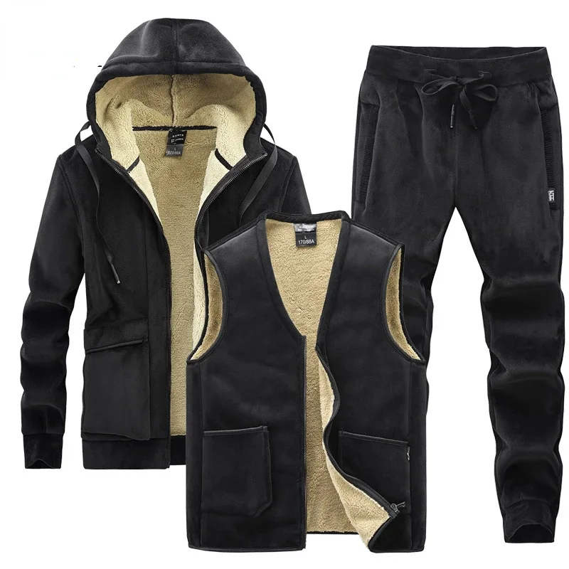 

Cashmere 's Hoodies vests + pants Three-pieces Sets Winter Plus Velvet Thick Tracksuit Casual Lamb Wool Set Men Warm