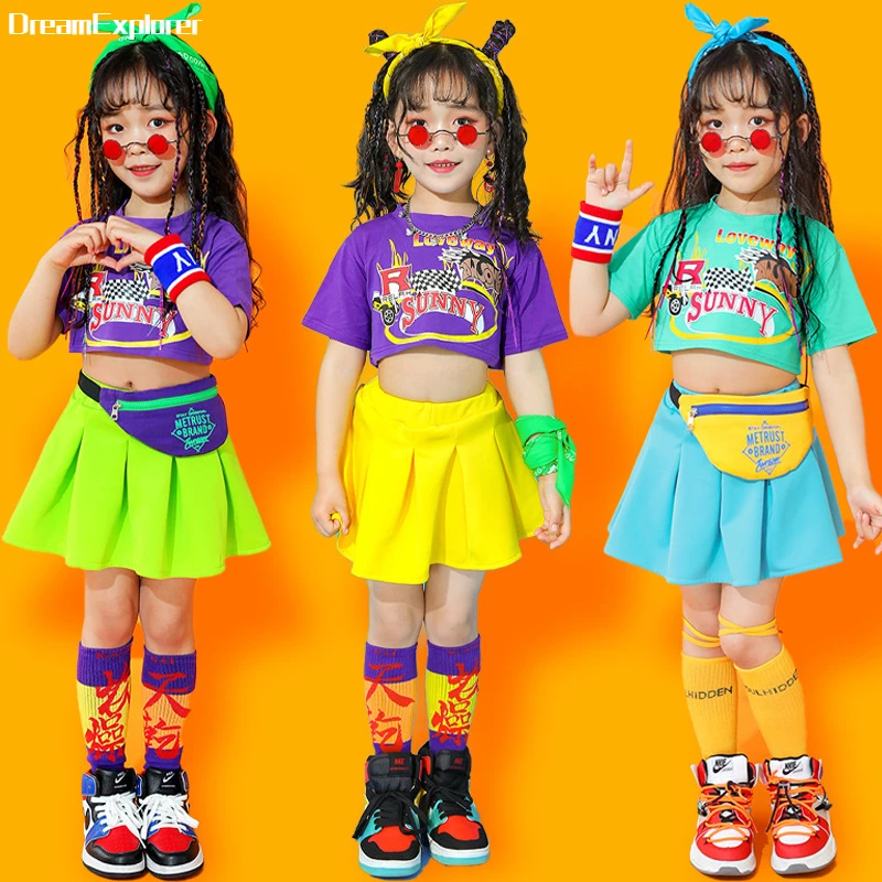 

Child Hip Hop Crop Top Colorful Skirts Girls Street Dance Tee Solid Color Miniskirt Kids Summer Streetwear Teen Jazz Clothes Set