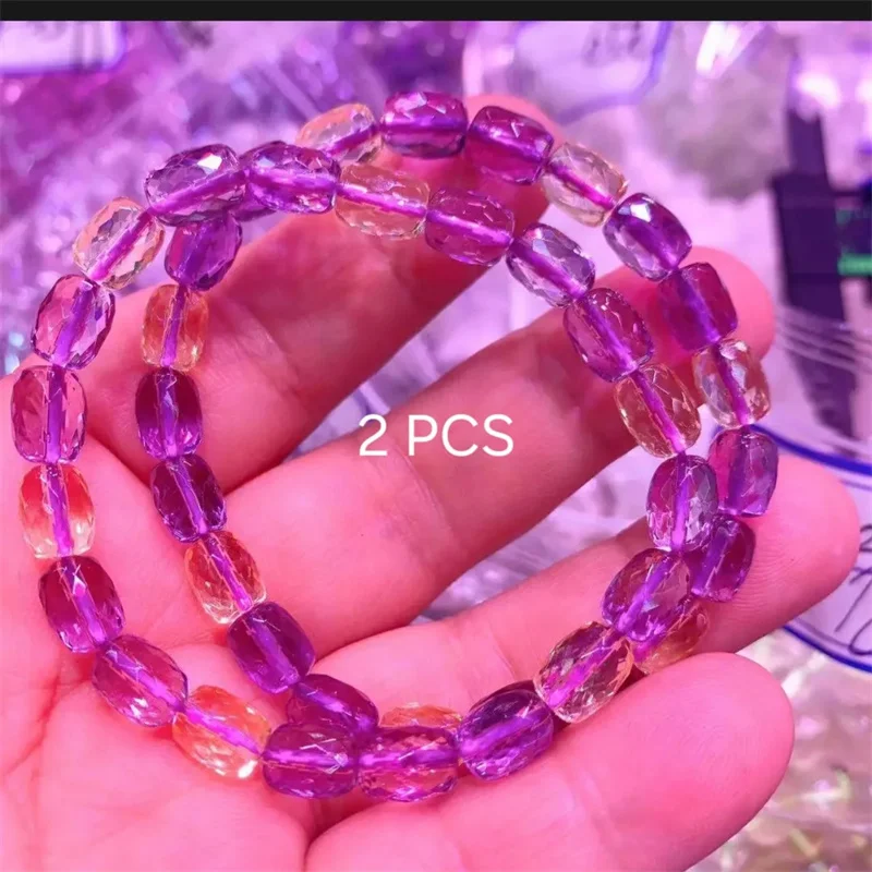 

2pcs Natural Purple Yellow Ametrine Faceted Beads Bracelet Women 6.8x7.8mm