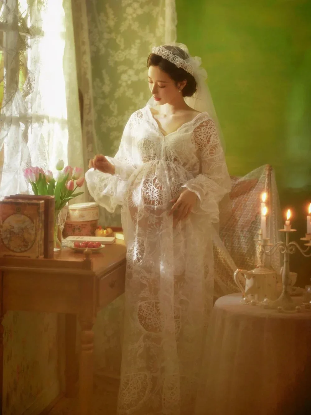 

Dvotinst Women Photography Props Maternity Dresses Lace Perspective Pregnancy Pregant Dress Studio Photoshoot Photo Clothes