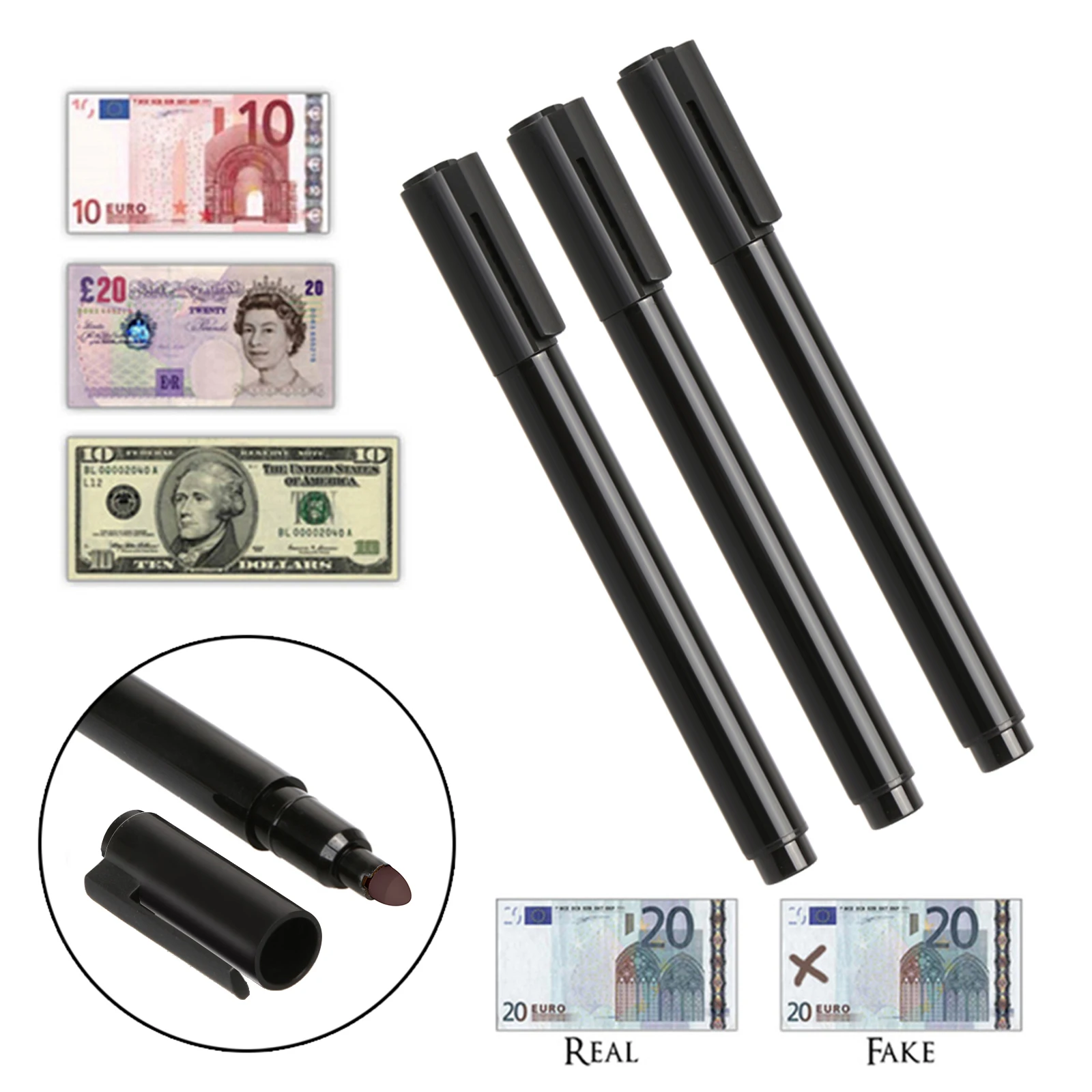 1-3Pcs Black Plastic Counterfeit Bill Detector Currency Cash Checker Portable Counterfeits Money Detector Pen for Money Test