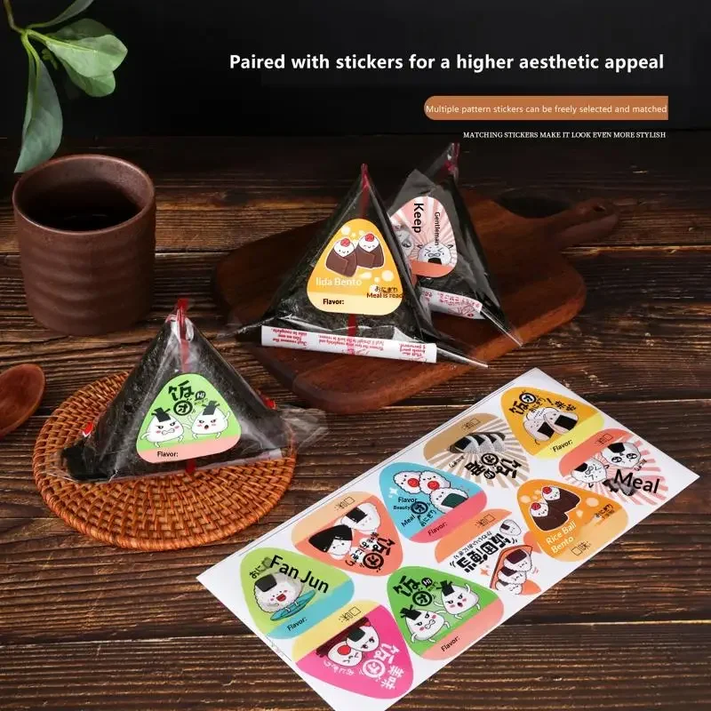 200Pcs 삼각형 쌀 공 포장 가방 스티커 몰드 포함 김 해초 오니기리 스시 플라스틱 선물 가방 도시락 액세서리